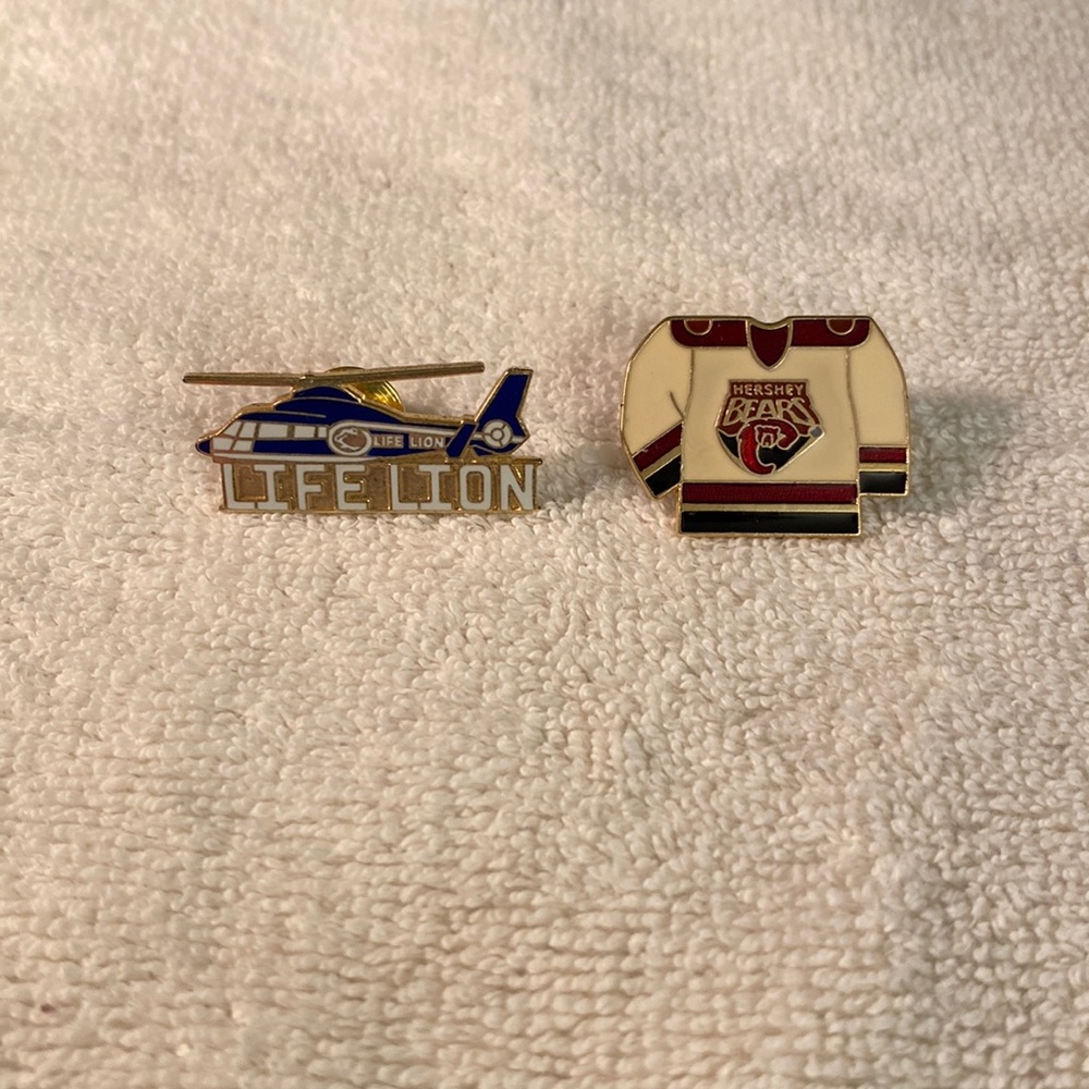 Hershey Bears Hockey Jersey Pin and Life Lion Blue White Helicopter Pin
